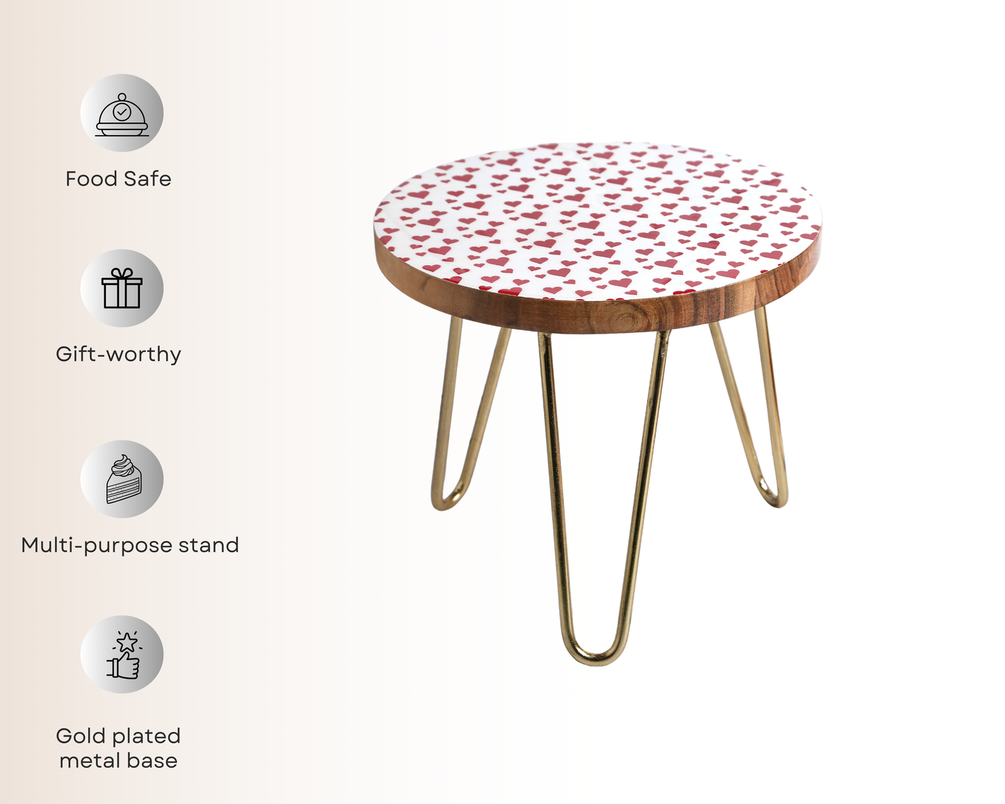 Red Heart Wooden Cake Stand With Golden Legs