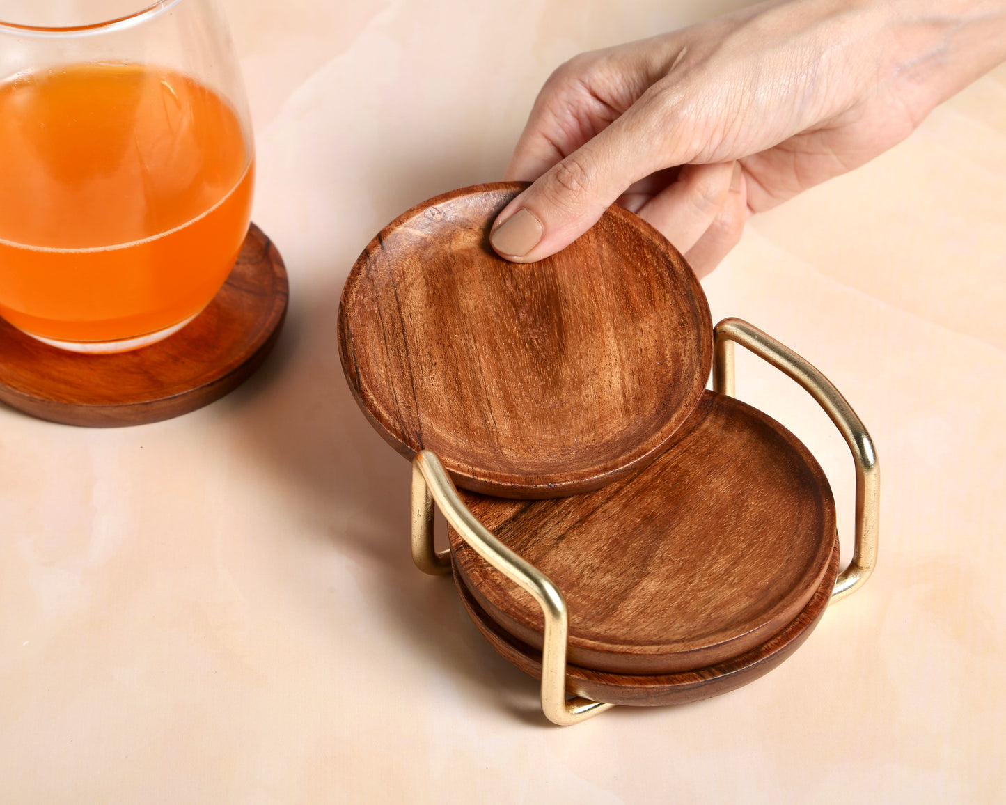 Wooden Coaster With Golden Holder