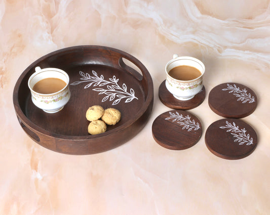 LUXE Round Wooden tray (With 4 FREE Coasters)