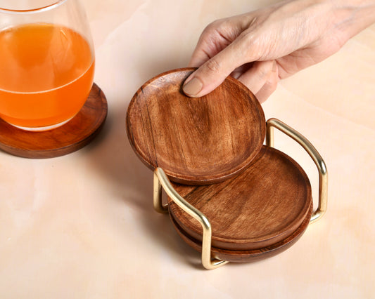 Wooden Coaster With Golden Holder